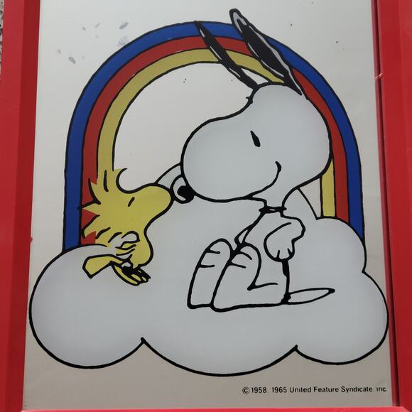 VTG Snoopy Woodstock Kissing Rainbow Cloud Mirror Red Framed Peanuts 1958 1965 - Picture 3 of 15